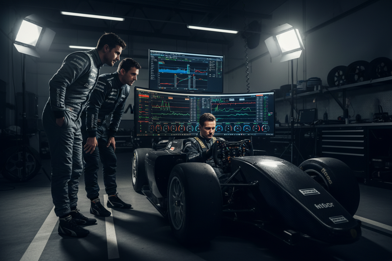 2 pilotes automobiles qui observent un 3ème pilote au volant d'un simulateur intégré dans une vraie voiture de course. derrière le simulateur et donc devant les 2 pilotes qui observent, il y a un écran d’ordinateur avec des graphiques type télémétrie de course auto