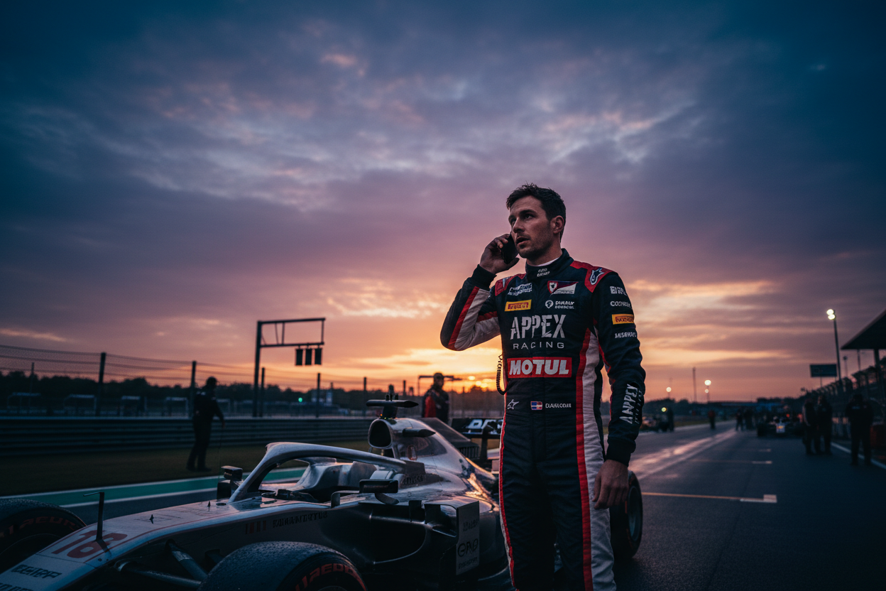 un pilote automobile non casqué qui passe un coup de téléphone, ambiance tombée de la nuit